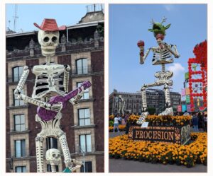 Two large skeleton sculptures; one holding a purple guitar, the other wearing a green headdress with maracas, surrounded by marigolds.