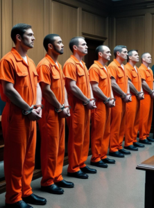 Seven defendants wearing orange prison jumpsuits standing in a courtroom, handcuffed