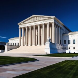 Exterior view of the United States Supreme Court building with classical columns and statues