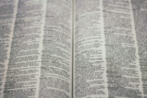 Close-up view of a dictionary open to multiple definitions and entries, symbolizing detailed research and precision in language