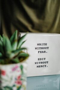 A white ceramic block with the quote "Write Without Fear. Edit Without Mercy." placed next to a green plant